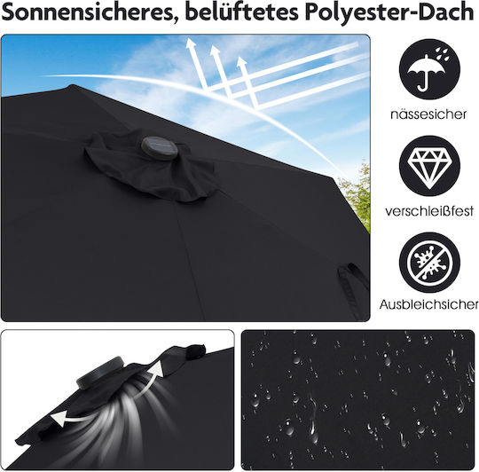 Floor Parasol Circular Metal Black with Base and LED Lighting Φ2.3m NP12190BK