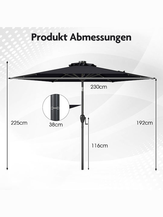 Garten- und Terrassen-Sonnenschirm Boden Rundschreiben Metall Schwarz mit Basis und LEDs Durchmesser 2,3 m NP12190BK