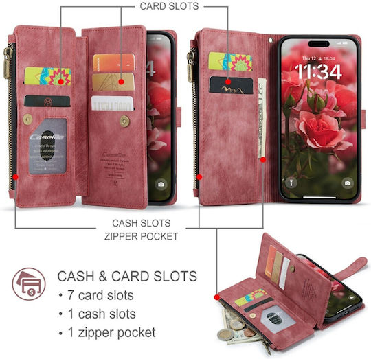 Caseme C30 Iphone 16 Pro Card Slots Zipper Leather Wallet Case Wine Red