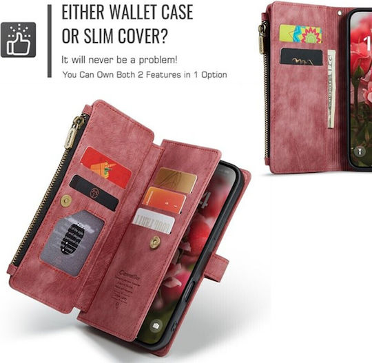 Caseme C30 Iphone 16 Pro Card Slots Zipper Leather Wallet Case Wine Red