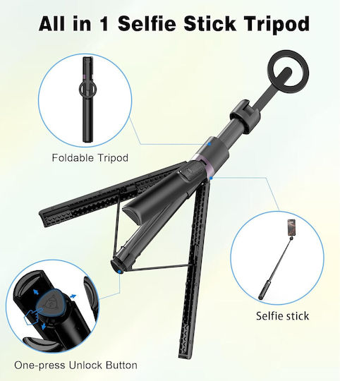 Toneof Selfie Stick Trepied cu Telecomandă Suport Magnetic Compact Stabil Rotire 360° Pliabil Magsafe 173 Cm Potrivit pentru Smartphone-uri