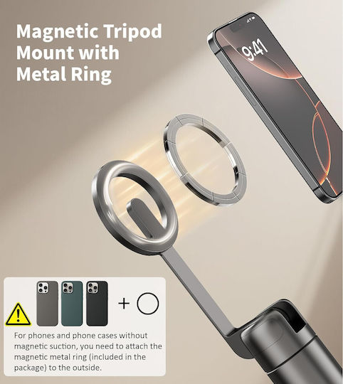 Toneof Selfie Stick Trepied cu Telecomandă Suport Magnetic Compact Stabil Rotire 360° Pliabil Magsafe 173 Cm Potrivit pentru Smartphone-uri