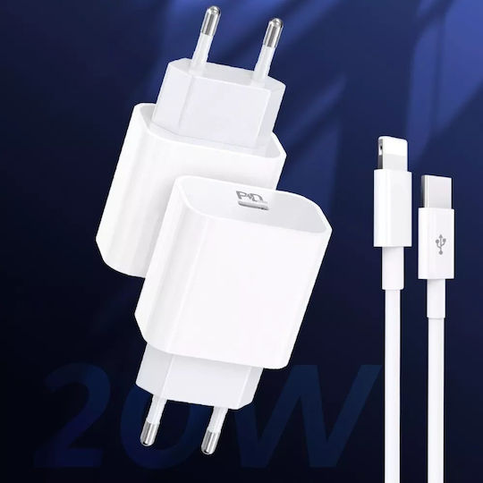 QIHANG QIHANG Mobile Phone Charger with USB-C Port and USB-C - Lightning Cable 20W Power Delivery White