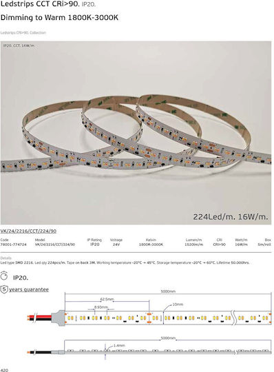 VK Lighting Smart LED Strip Wi-Fi 24V Adjustable White Light 5m