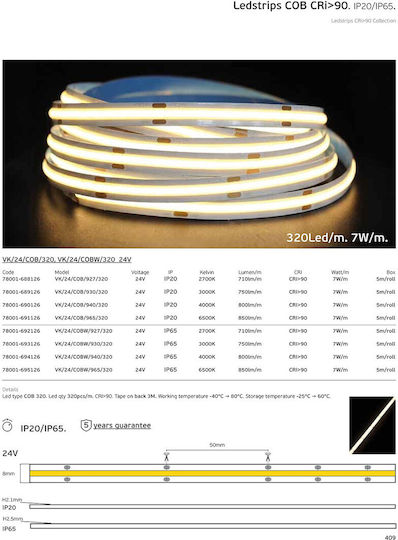 VK Lighting LED Strip 24V Natural White Light 5m COB Type