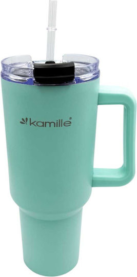 Kamille Ποτήρι Θερμός Ανοξείδωτο 1.2lt Γκρι με Λαβή, Καλαμάκι και Επιστόμιο