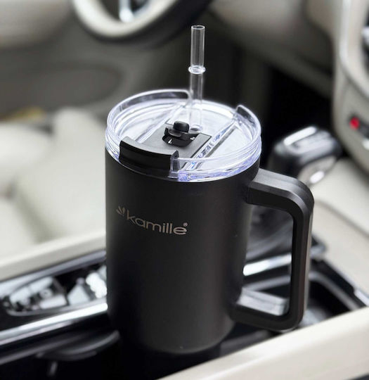 Kamille Stainless Steel Thermos Glass 1.2lt Gray with Handle Straw and Mouthpiece