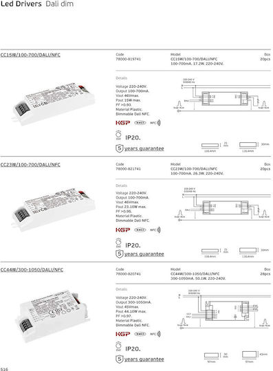 VK Lighting Ρυθμιζόμενο Dimmable Τροφοδοτικό LED IP20 Ισχύος 26.3W 20τμχ