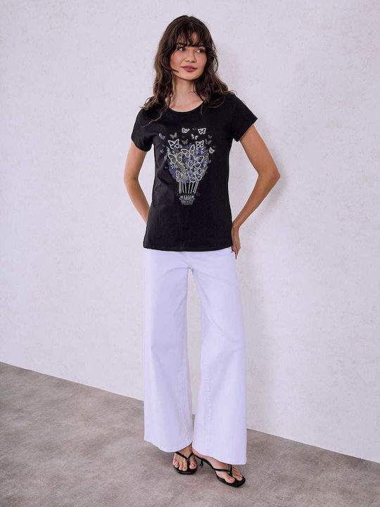 Celestino T-shirt Στάμπα Πεταλούδες Loose Fit Μαύρο