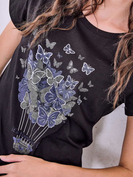 Celestino T-shirt Στάμπα Πεταλούδες Loose Fit Μαύρο