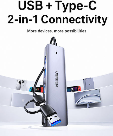 Ugreen USB-Hub 4 Anschlüsse USB 3.0 mit USB-A Anschluss Silber