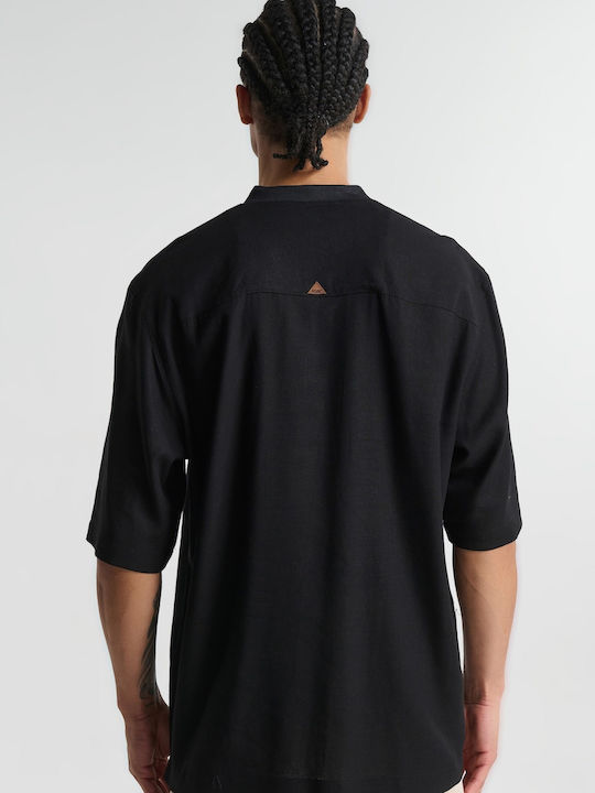 Short Sleeve Linen Shirt in Wide Fit Black