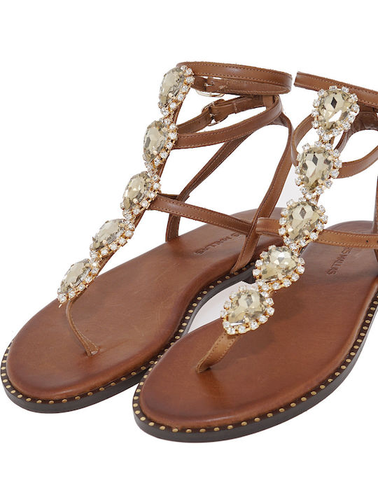 Leather Women's Flat Sandals Brown
