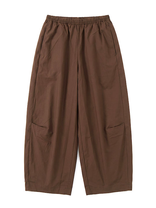 Women's High Waist Fabric Capri Trousers with Rubber Band in Balloon Leg Style Brown