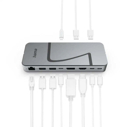 HAMA Connect2Office Speed USB-C Докинг Станция с HDMI/DisplayPort 4K PD Ethernet и Свързване на 3 Монитора Сива