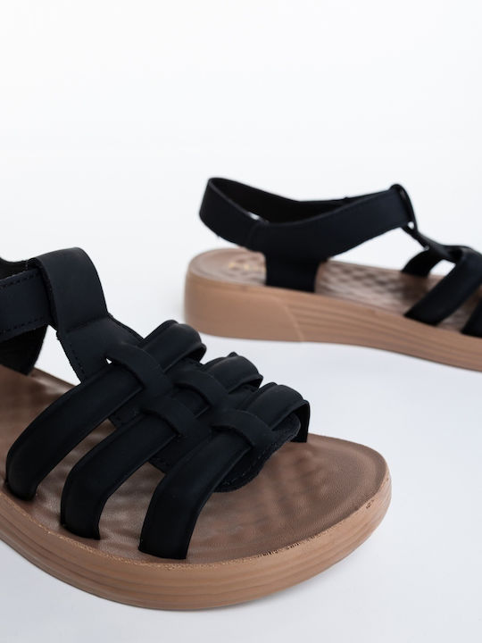 Deri Damen Flache Sandalen Schwarz