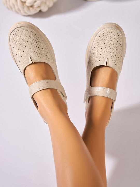 Damen Ballerinas Aus Leder In Beige Farbe