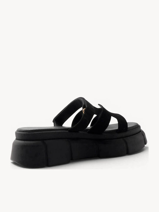 Sandale Casual Damă Negru De Piele Chunky Flatforme Slides Laser Cut Fază