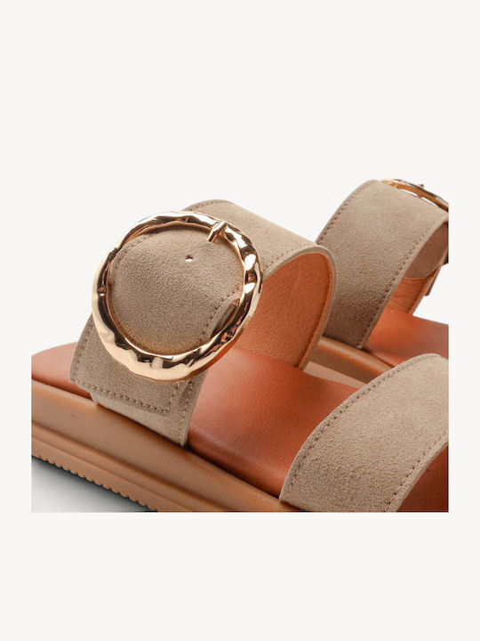 Beige Leder Flatforms Mit Großem Metallischen Schnallen