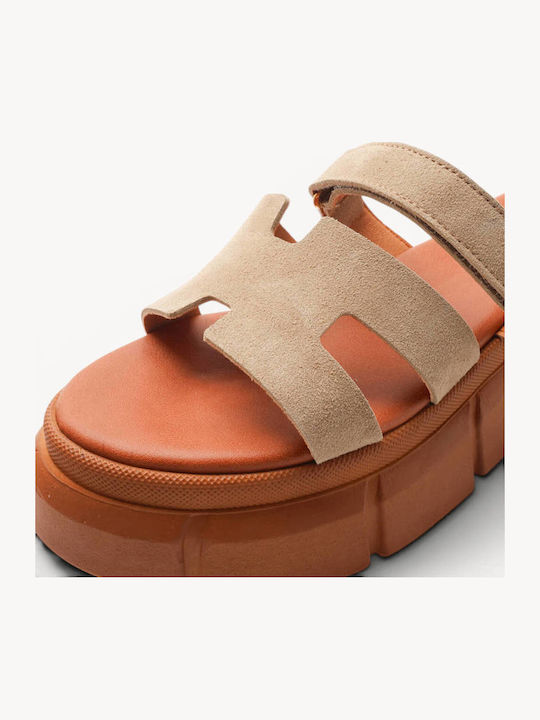 Бежови Кожени Chunky Flatform Сандали С Лазерно Рязана Лента