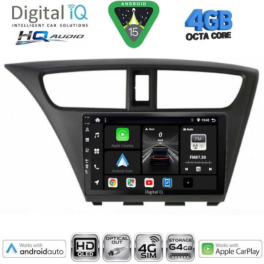 Digital IQ Car Audio System for Honda Civic 2012-2016 Bluetooth USB WiFi GPS Apple CarPlay Android Auto with 9" Touch Screen