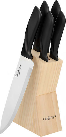 Cheffinger 6-piece Stainless Steel Knife Set Wooden Storage Block Ergonomic Handles Black Silver