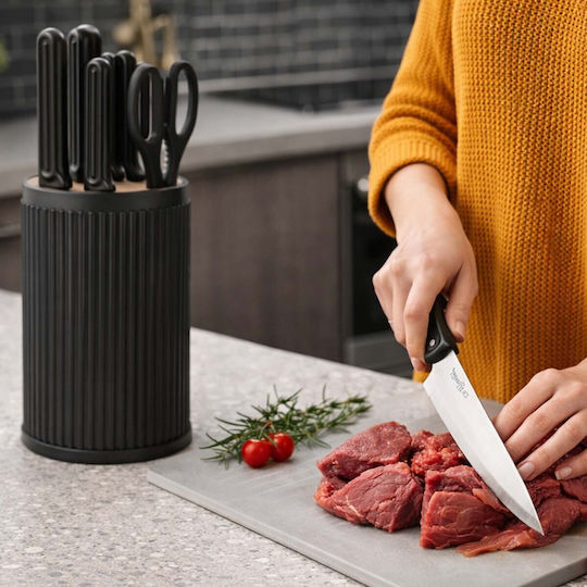 Cheffinger 7-piece Knife Set Storage Block Scissors Ergonomic Handles Black Silver