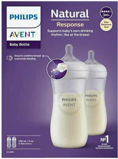 Philips Set Biberoane din Plastic Natural Anti-Colici cu Tetină din Silicon pentru 0-6 Luni Albe 330ml 2 Bucăți