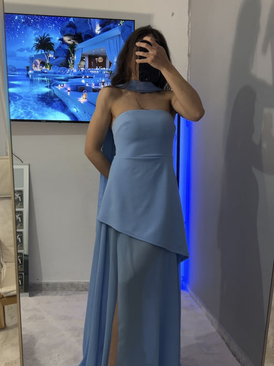Καλοκαιρινό Maxi Φόρεμα για Γάμο / Βάπτιση Strapless με Τούλι Γαλάζιο