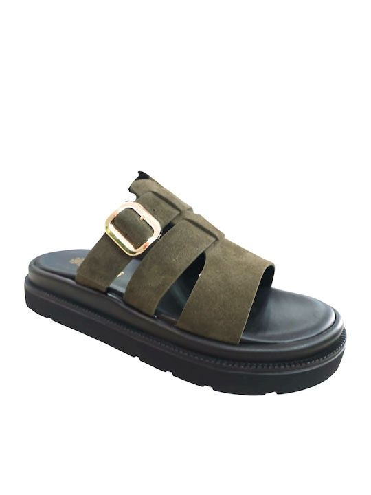 Δερμάτινα Γυναικεία Σανδάλια Flatforms Χακί