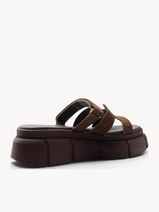 Brown Leather Chunky Flatform Slides Laser Cut Strap