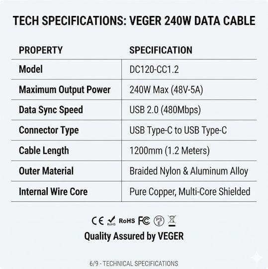 Veger Geflochtenes USB Typ-C Kabel USB-C männlich - USB-C 240W PD 1,2m DC120