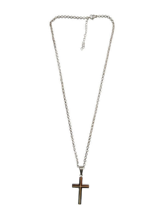Kalliopi Silver Crucifix Pentru Bărbați Din Oțel Plăcut Cu Aur Cu Lanț