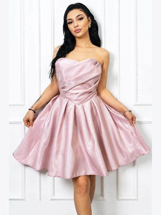 Rochie Mini De Seară De Vară Fără Bretele Cu Plasă Roz Pudrat