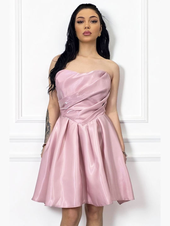 Rochie Mini De Seară De Vară Fără Bretele Cu Plasă Roz Pudrat