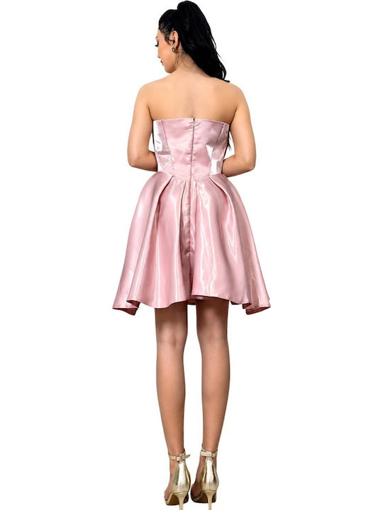 Rochie Mini De Seară De Vară Fără Bretele Cu Plasă Roz Pudrat