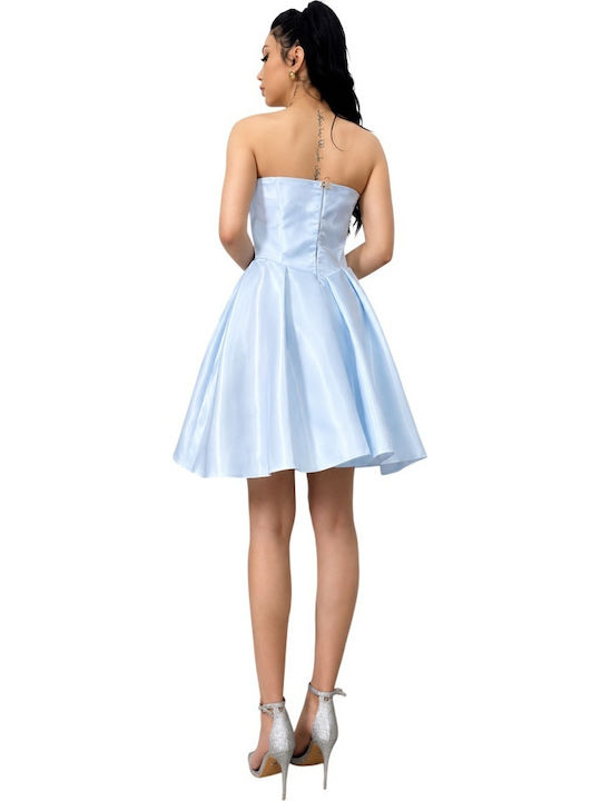 Καλοκαιρινό Mini Βραδινό Φόρεμα Strapless με Τούλι & Διαφάνεια Blue