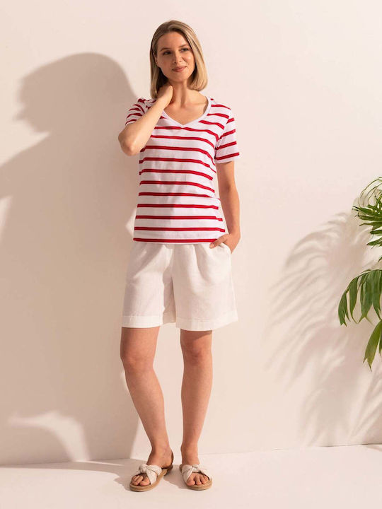 Bluza Damă Bumbac Mâneci Scurte cu Decolteu în V Model Cu Dungi Roșii