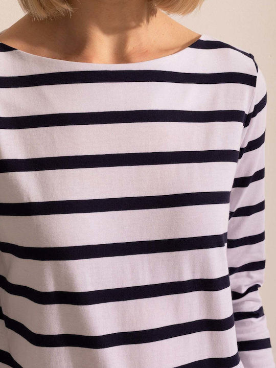 Bluza Damă Bumbac Cu Mânecă 3/4 Și Decolteu În V Model Cu Dungi Albastru Marin