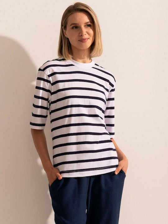 Bluza Damă Bumbac Mâneci Scurte Cu Dungi Albastru Marin