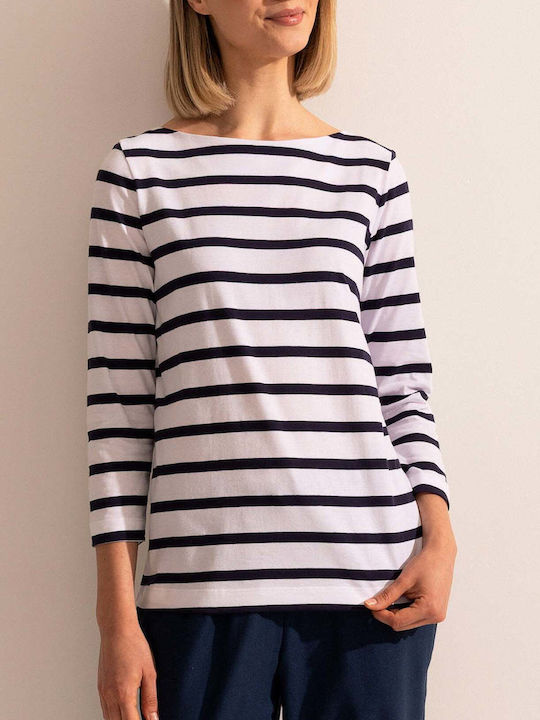Bluza Damă Bumbac Cu Mânecă 3/4 Și Decolteu În V Model Cu Dungi Albastru Marin