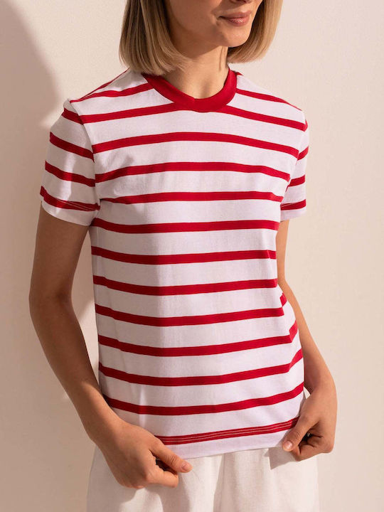 Bluza Damă Bumbac Mâneci Scurte Cu Dungi Roșii Red Stripes