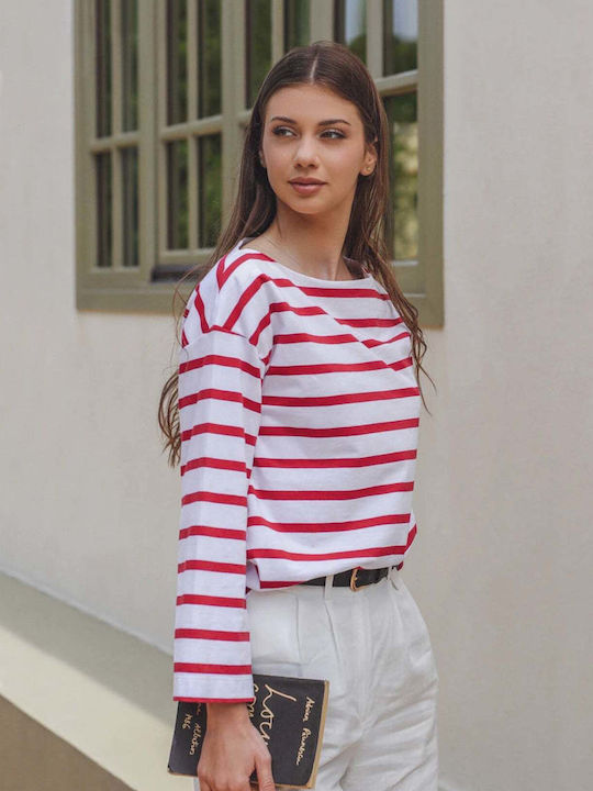 Bluza Damă Bumbac Mânecă Lungă cu Decolteu în V Model Cu Dungi Roșii