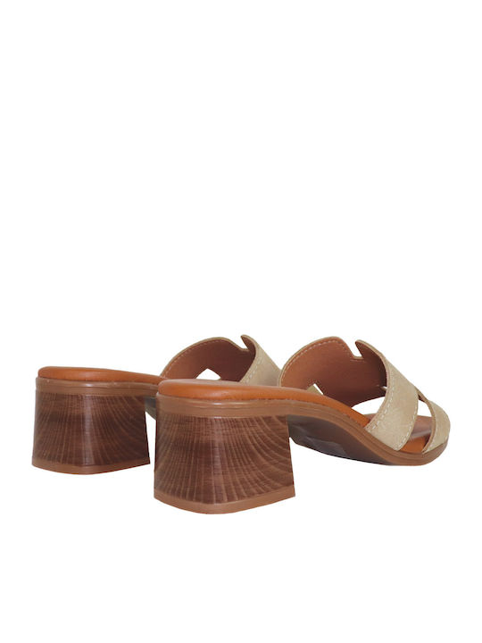 Leather Mules With Low Heel In Beige Colour