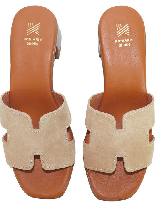 Leather Mules With Low Heel In Beige Colour