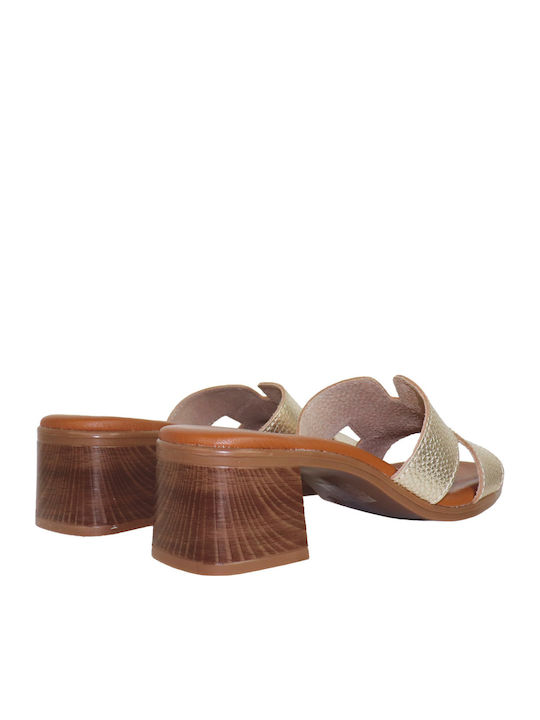 Leather Mules With Low Heel In Gold Colour