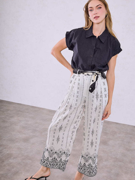 Celestino Women's Pantaloons Printed Viscose Loose Fit Ecru