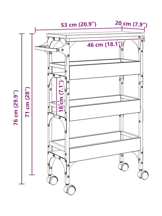 vidaXL Wooden Kitchen Trolley 3 Tiers Brown 53x20x76cm