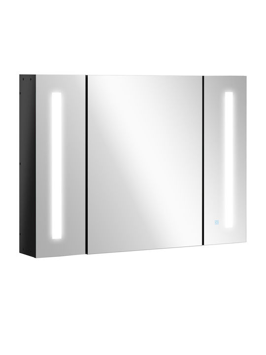 Kleankin 834-416BK Oglindă de Baie Dreptunghiulară Lumini LED din MDF cu Raft & Dulap 90x65cm Negru