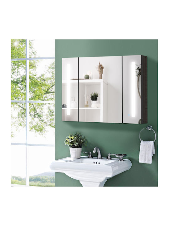 Kleankin 834-416BK Oglindă de Baie Dreptunghiulară Lumini LED din MDF cu Raft & Dulap 90x65cm Negru